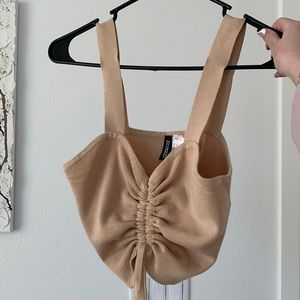 H&M scrunch front tie crop top beige tan